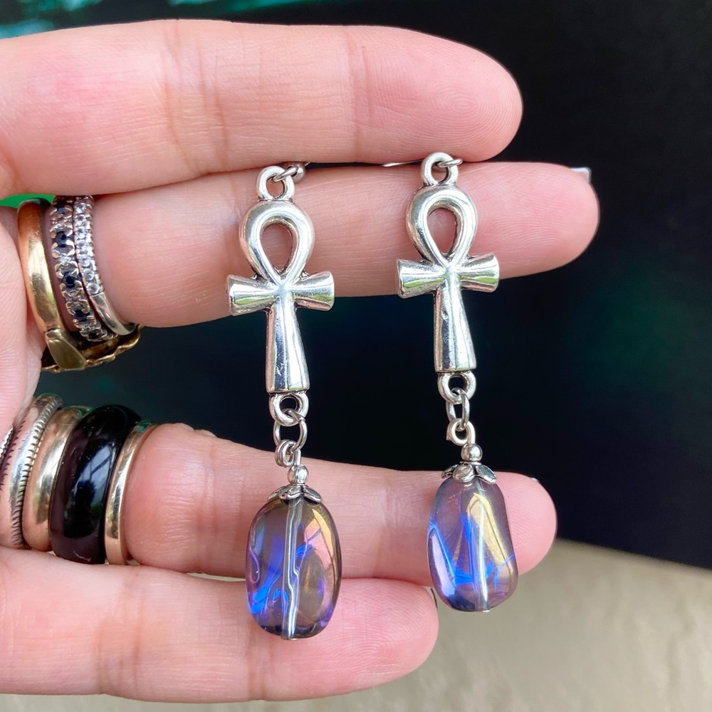 Ankh earrings blue rainbow titanium aura crystals
